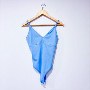 REVAMPED Blue Ribbed Bodysuit Minimalist Stretch Streetwear Top | Medium *
